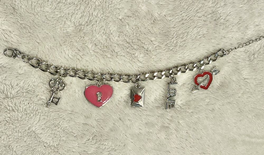 Silver Tone Love Heart Key Envelope Charm Bracelet Pink Red Enamel Adjustable